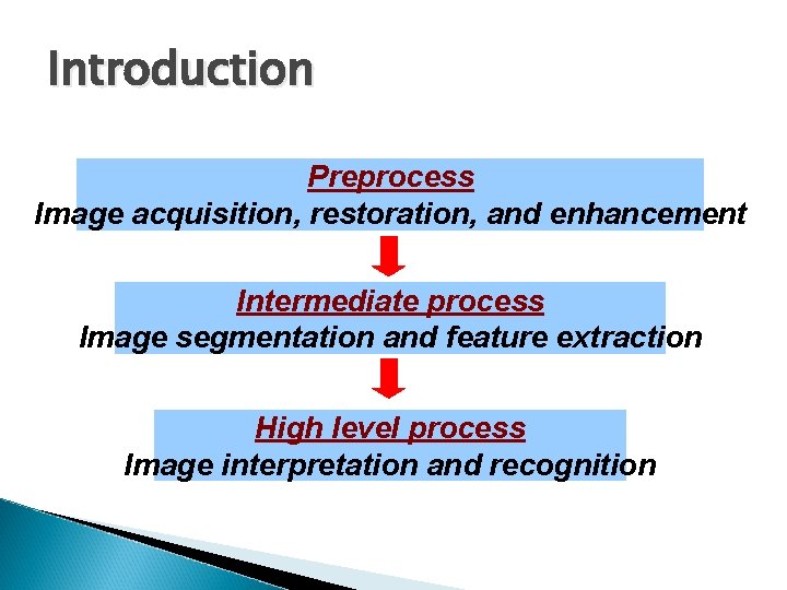 Introduction Preprocess Image acquisition, restoration, and enhancement Intermediate process Image segmentation and feature extraction Introduction Preprocess Image acquisition, restoration, and enhancement Intermediate process Image segmentation and feature extraction