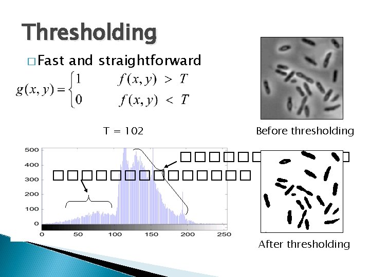 Thresholding � Fast and straightforward T = 102 Before thresholding �������������� After thresholding Thresholding � Fast and straightforward T = 102 Before thresholding �������������� After thresholding