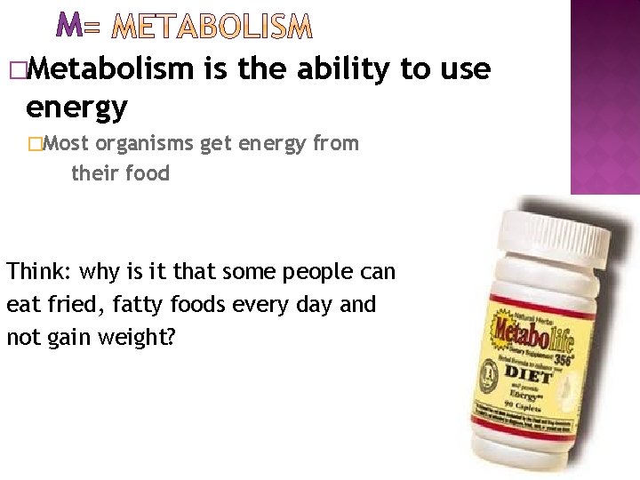 M �Metabolism is the ability to use energy �Most organisms get energy from their