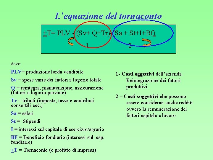 L’equazione del tornaconto +T= PLV - (Sv+ Q+Tr)-(Sa + St+I+Bf) 1 2 dove: PLV=