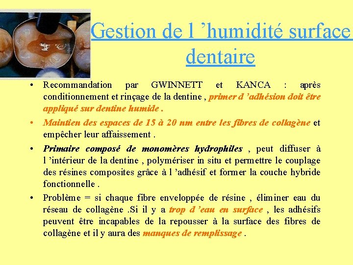Gestion de l ’humidité surface dentaire • Recommandation par GWINNETT et KANCA : après