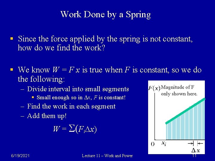 Work Done by a Spring § Since the force applied by the spring is