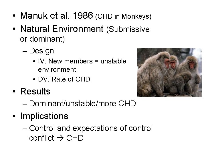  • Manuk et al. 1986 (CHD in Monkeys) • Natural Environment (Submissive or