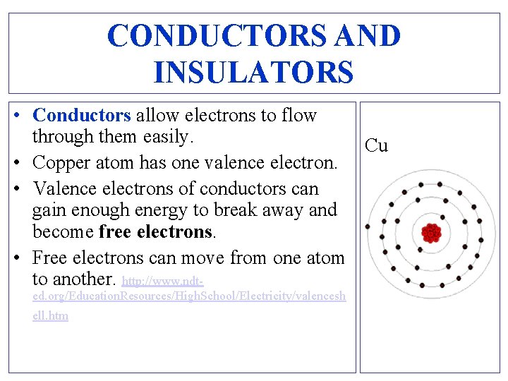 CONDUCTORS AND INSULATORS • Conductors allow electrons to flow through them easily. Cu •