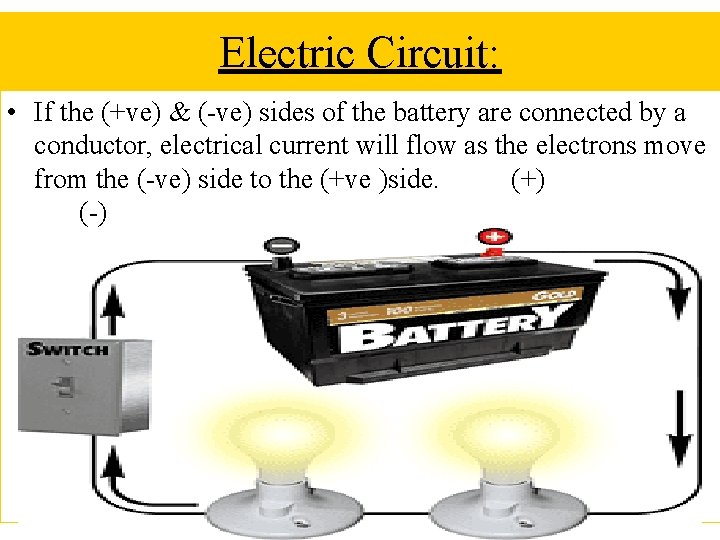 Electric Circuit: • If the (+ve) & (-ve) sides of the battery are connected