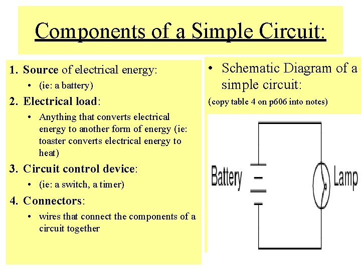 Components of a Simple Circuit: 1. Source of electrical energy: • (ie: a battery)