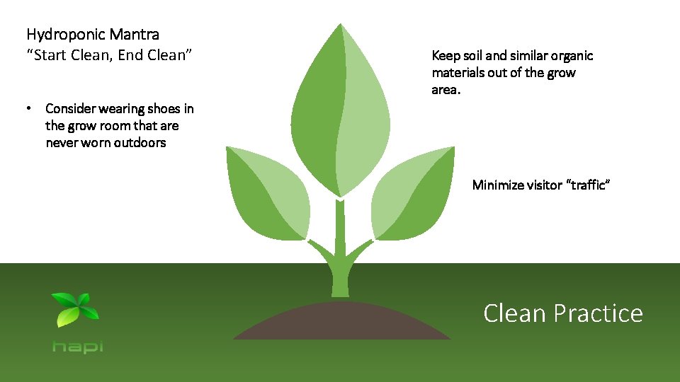 Hydroponic Mantra “Start Clean, End Clean” Keep soil and similar organic materials out of