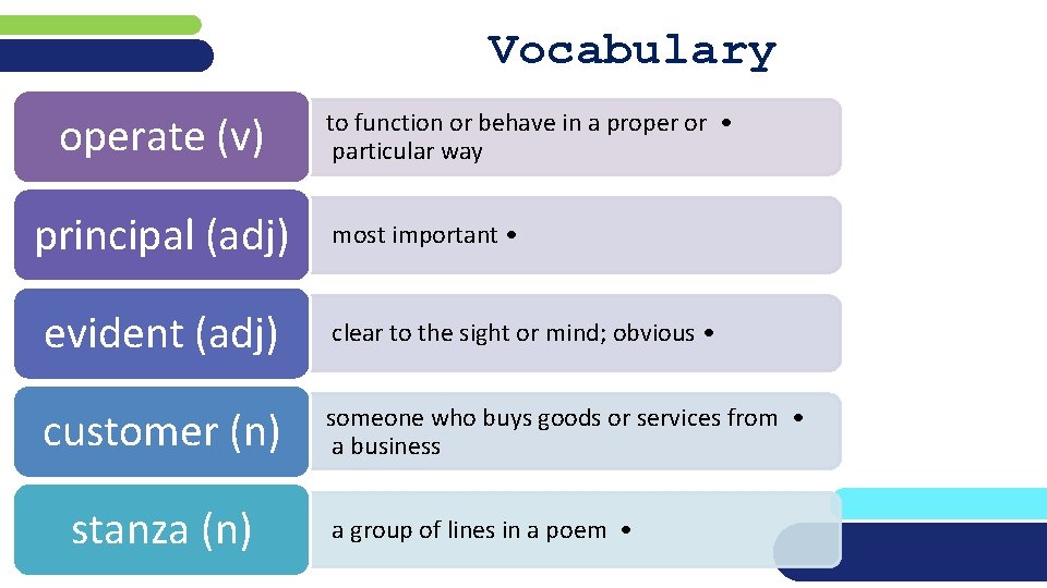 Vocabulary operate (v) principal (adj) to function or behave in a proper or •