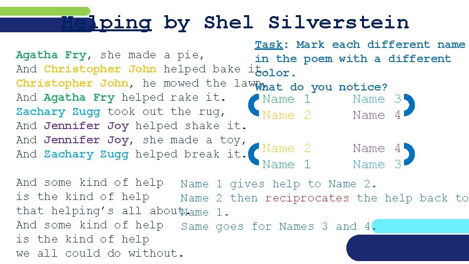 Helping by Shel Silverstein Task: Mark each different name Agatha Fry, she made a