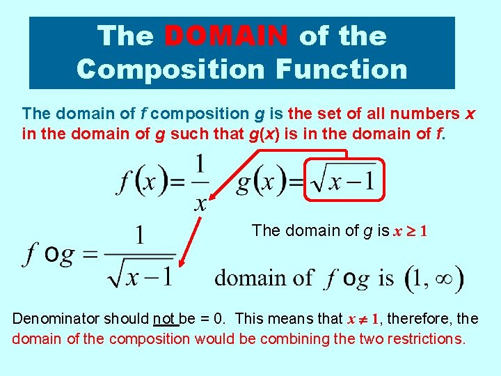 The DOMAIN of the Composition Function The domain of f composition g is the The DOMAIN of the Composition Function The domain of f composition g is the