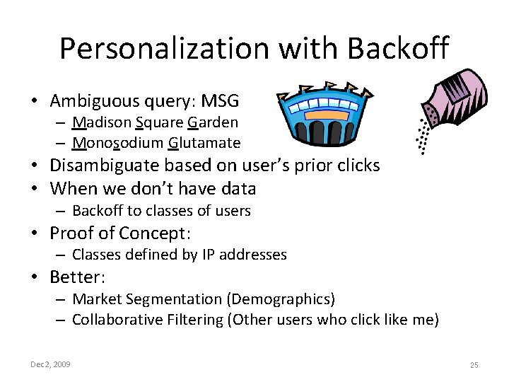 Personalization with Backoff • Ambiguous query: MSG – Madison Square Garden – Monosodium Glutamate