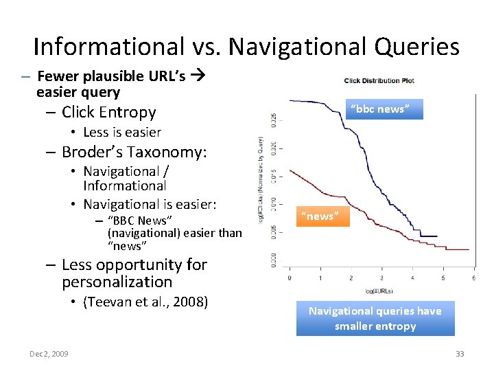 Informational vs. Navigational Queries – Fewer plausible URL’s easier query – Click Entropy “bbc