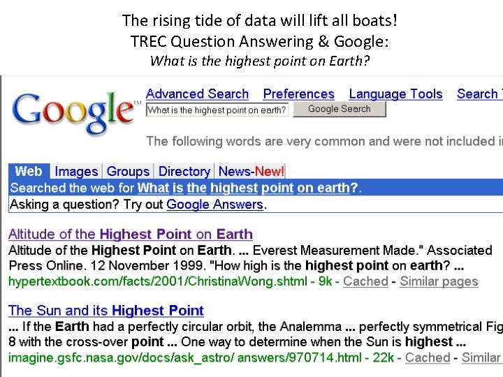 The rising tide of data will lift all boats! TREC Question Answering & Google: