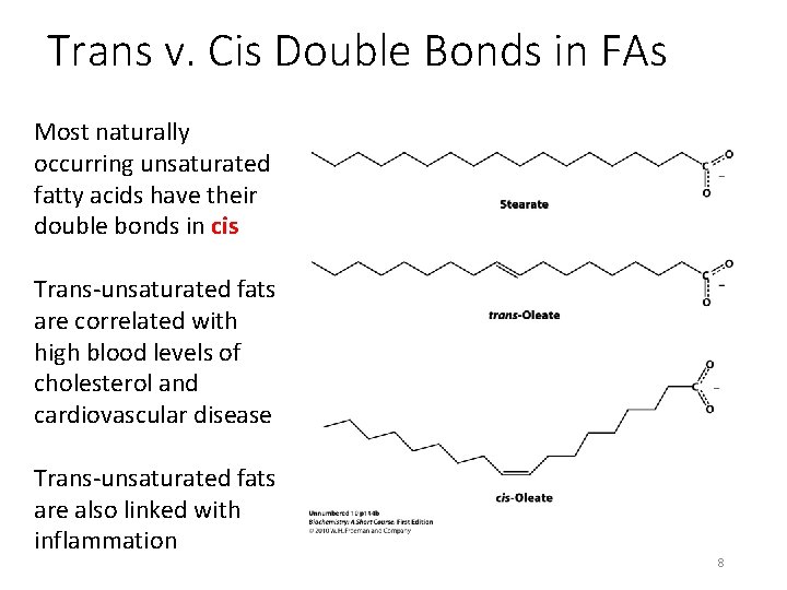 Trans v. Cis Double Bonds in FAs Most naturally occurring unsaturated fatty acids have