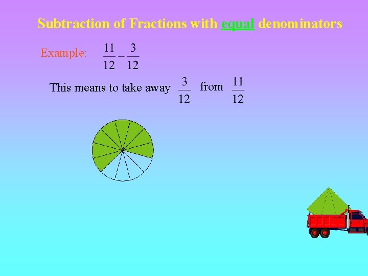 Subtraction of Fractions with equal denominators Example: This means to take away from 