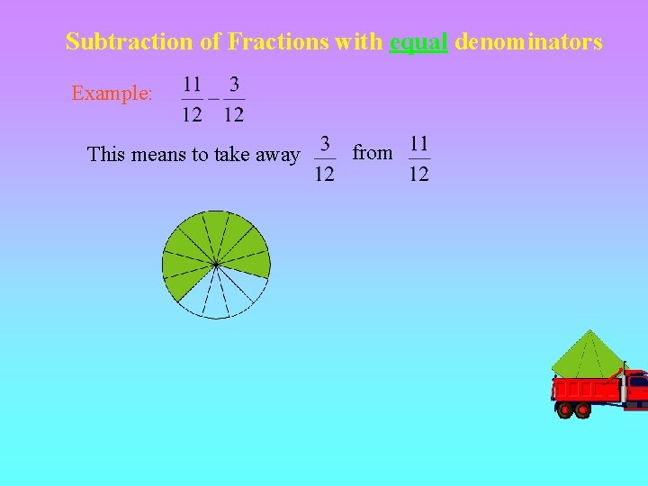Subtraction of Fractions with equal denominators Example: This means to take away from 