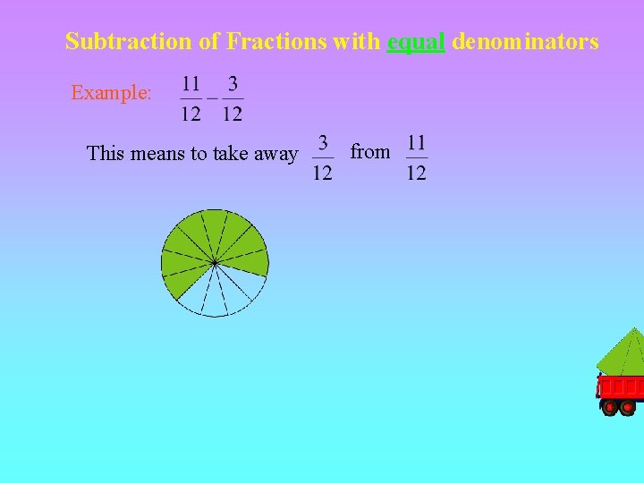 Subtraction of Fractions with equal denominators Example: This means to take away from 