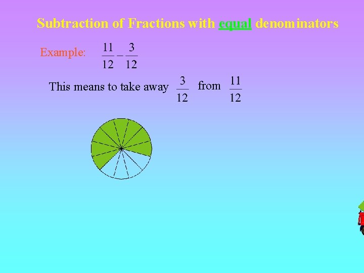 Subtraction of Fractions with equal denominators Example: This means to take away from 