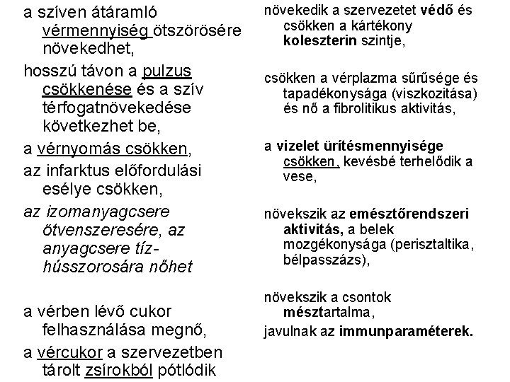 a szíven átáramló vérmennyiség ötszörösére növekedhet, hosszú távon a pulzus csökkenése és a szív