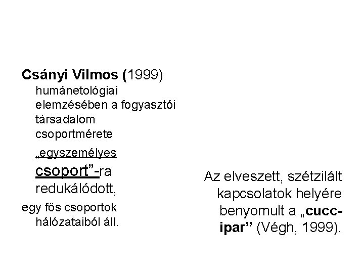 Csányi Vilmos (1999) humánetológiai elemzésében a fogyasztói társadalom csoportmérete „egyszemélyes csoport”-ra redukálódott, egy fős