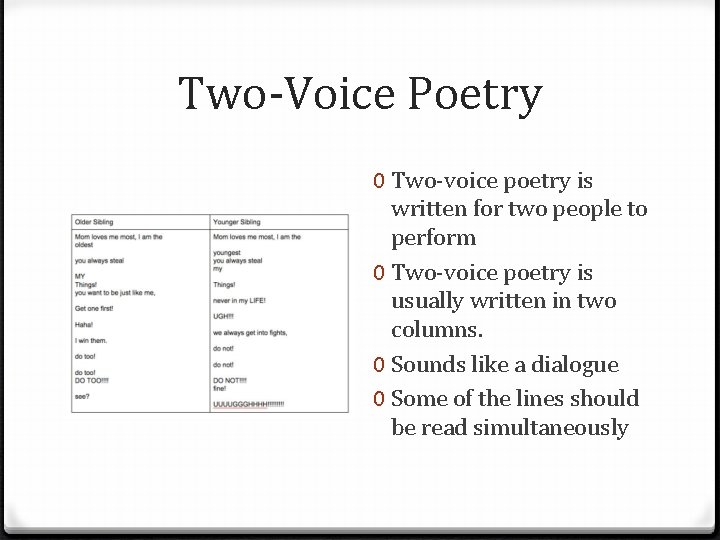 Two-Voice Poetry 0 Two-voice poetry is written for two people to perform 0 Two-voice