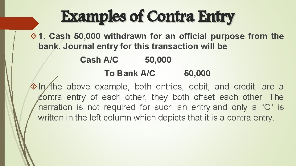 Examples of Contra Entry 1. Cash 50, 000 withdrawn for an official purpose from