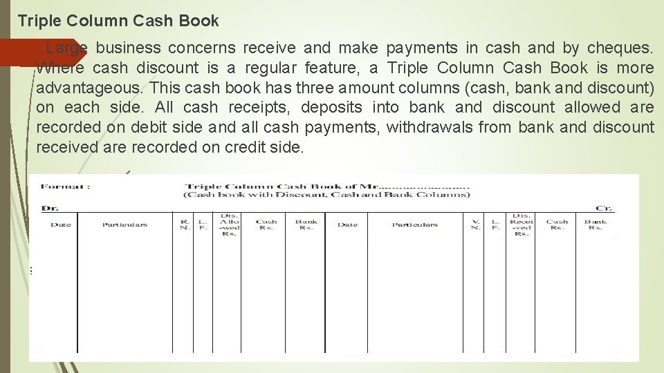 Triple Column Cash Book Large business concerns receive and make payments in cash and