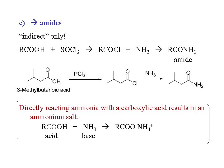 c) amides “indirect” only! RCOOH + SOCl 2 RCOCl + NH 3 RCONH 2