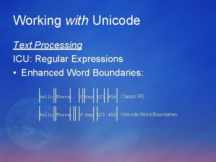 Working with Unicode Text Processing ICU: Regular Expressions • Enhanced Word Boundaries: Hello There. Working with Unicode Text Processing ICU: Regular Expressions • Enhanced Word Boundaries: Hello There.
