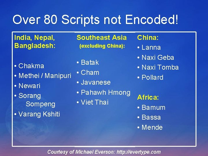 Over 80 Scripts not Encoded! India, Nepal, Bangladesh: Southeast Asia • Chakma • Methei Over 80 Scripts not Encoded! India, Nepal, Bangladesh: Southeast Asia • Chakma • Methei