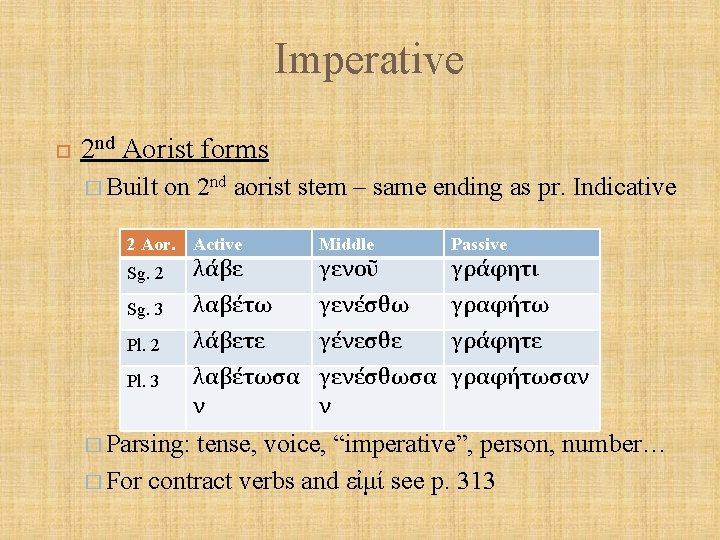 Imperative 2 nd Aorist forms � Built on 2 nd aorist stem – same