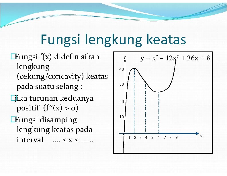 Fungsi lengkung keatas �Fungsi f(x) didefinisikan lengkung (cekung/concavity) keatas pada suatu selang : �jika