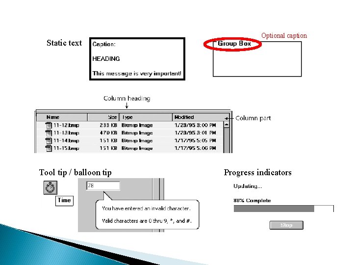 Static text Tool tip / balloon tip Optional caption Progress indicators 