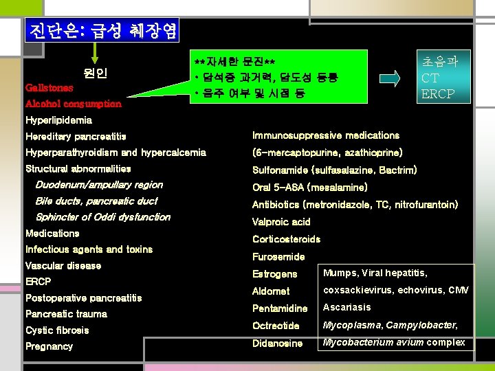 진단은: 급성 췌장염 원인 Gallstones **자세한 문진** • 담석증 과거력, 담도성 동통 • 음주