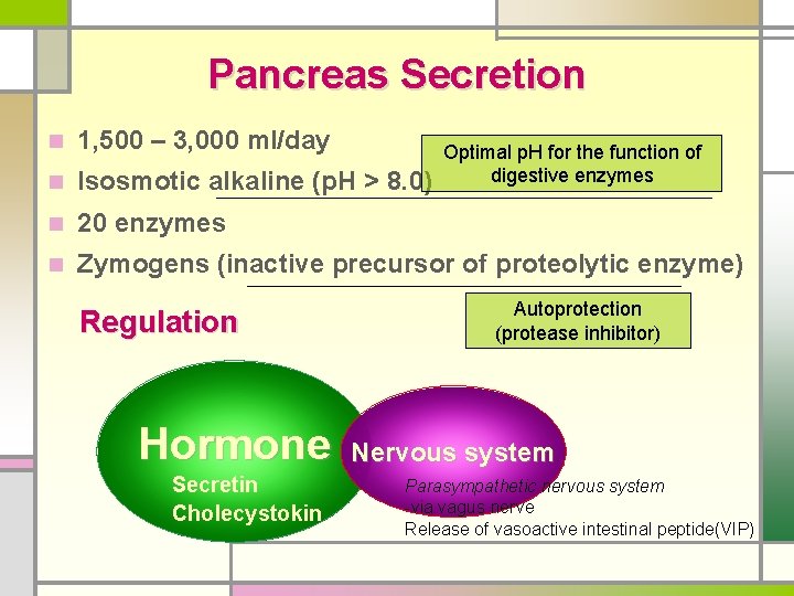 Pancreas Secretion n 1, 500 – 3, 000 ml/day n Isosmotic alkaline (p. H