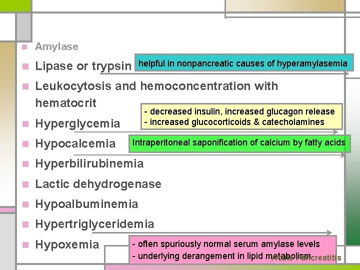 n Amylase n Lipase or trypsin n Leukocytosis and hemoconcentration with hematocrit helpful in