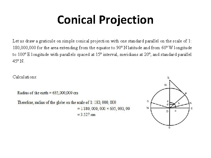 Conical Projection Let us draw a graticule on simple conical projection with one standard