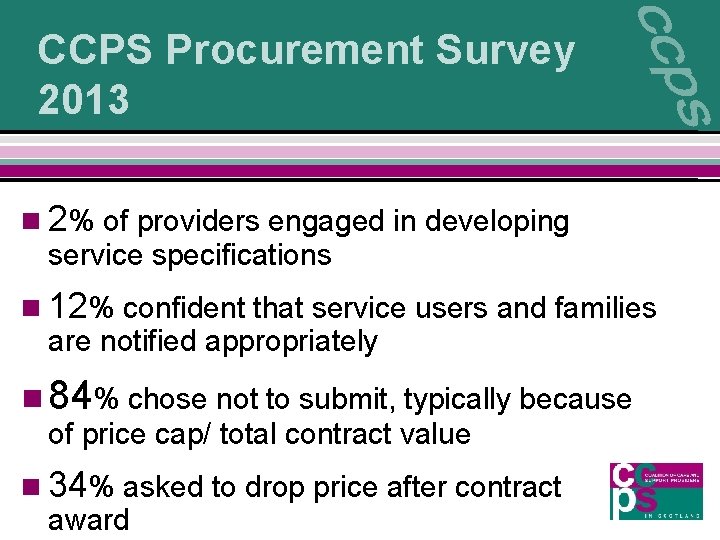 CCPS Procurement Survey 2013 n 2% of providers engaged in developing service specifications n