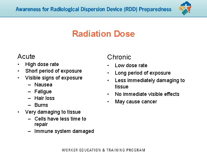 Radiation Dose Acute Chronic • • High dose rate Short period of exposure Visible