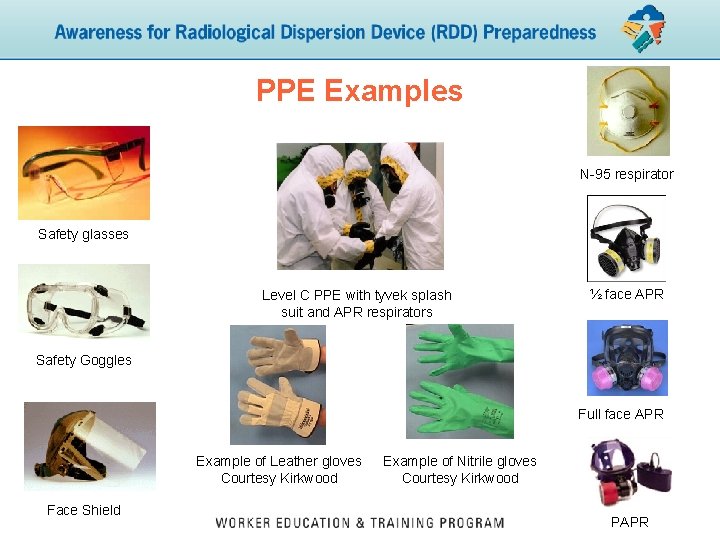 PPE Examples N-95 respirator Safety glasses Level C PPE with tyvek splash suit and