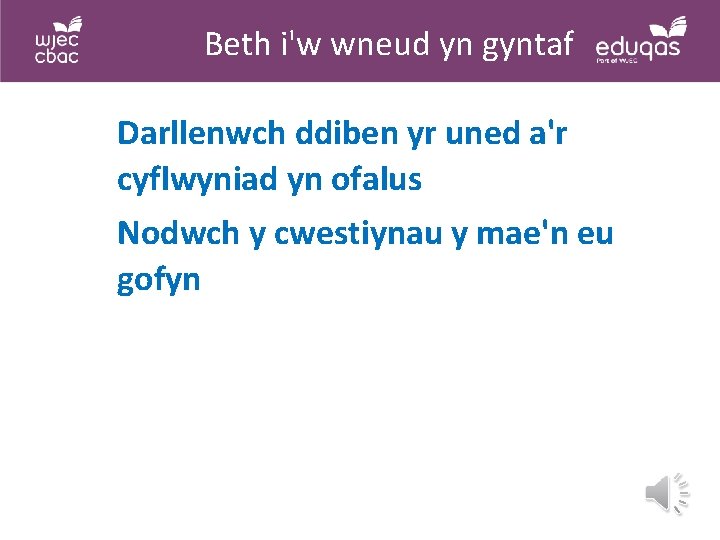 Beth i'w wneud yn gyntaf Darllenwch ddiben yr uned a'r cyflwyniad yn ofalus Nodwch