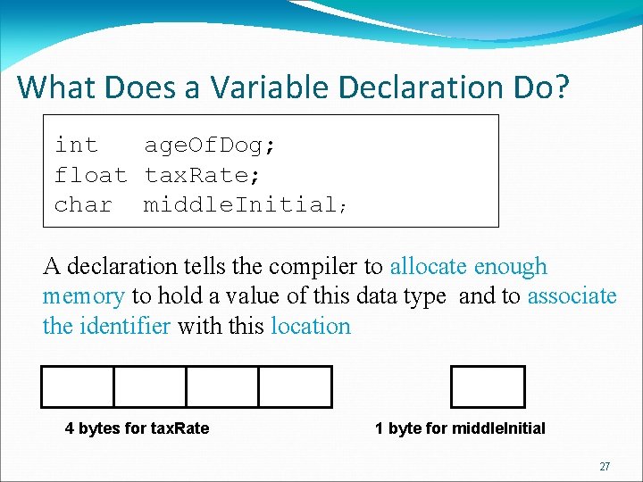 What Does a Variable Declaration Do? int age. Of. Dog; float tax. Rate; char What Does a Variable Declaration Do? int age. Of. Dog; float tax. Rate; char