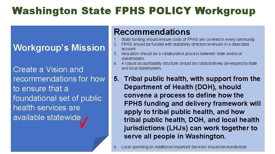 Washington State FPHS POLICY Workgroup Recommendations Workgroup’s Mission Create a Vision and recommendations for