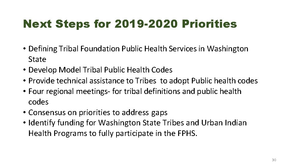 Next Steps for 2019 -2020 Priorities • Defining Tribal Foundation Public Health Services in