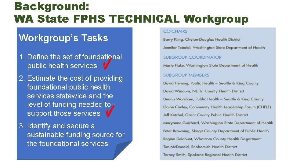Background: WA State FPHS TECHNICAL Workgroup’s Tasks 1. Define the set of foundational public