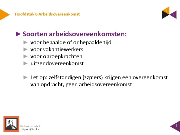 Hoofdstuk 6 Arbeidsovereenkomst ► Soorten arbeidsovereenkomsten: ► ► voor bepaalde of onbepaalde tijd voor