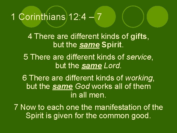 1 Corinthians 12: 4 – 7 4 There are different kinds of gifts, but