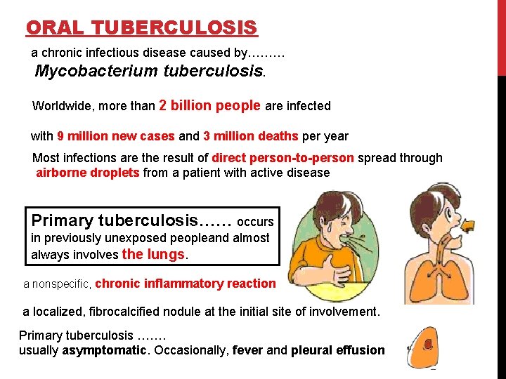 ORAL TUBERCULOSIS a chronic infectious disease caused by……… Mycobacterium tuberculosis. Worldwide, more than 2
