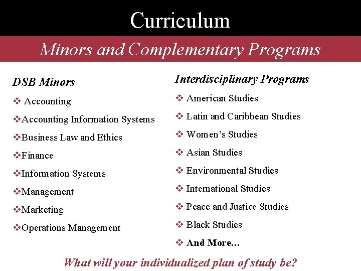 Curriculum Minors and Complementary Programs DSB Minors Interdisciplinary Programs v Accounting v American Studies