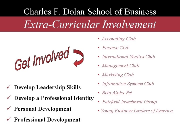 Charles F. Dolan School of Business Extra-Curricular Involvement • Accounting Club • Finance Club